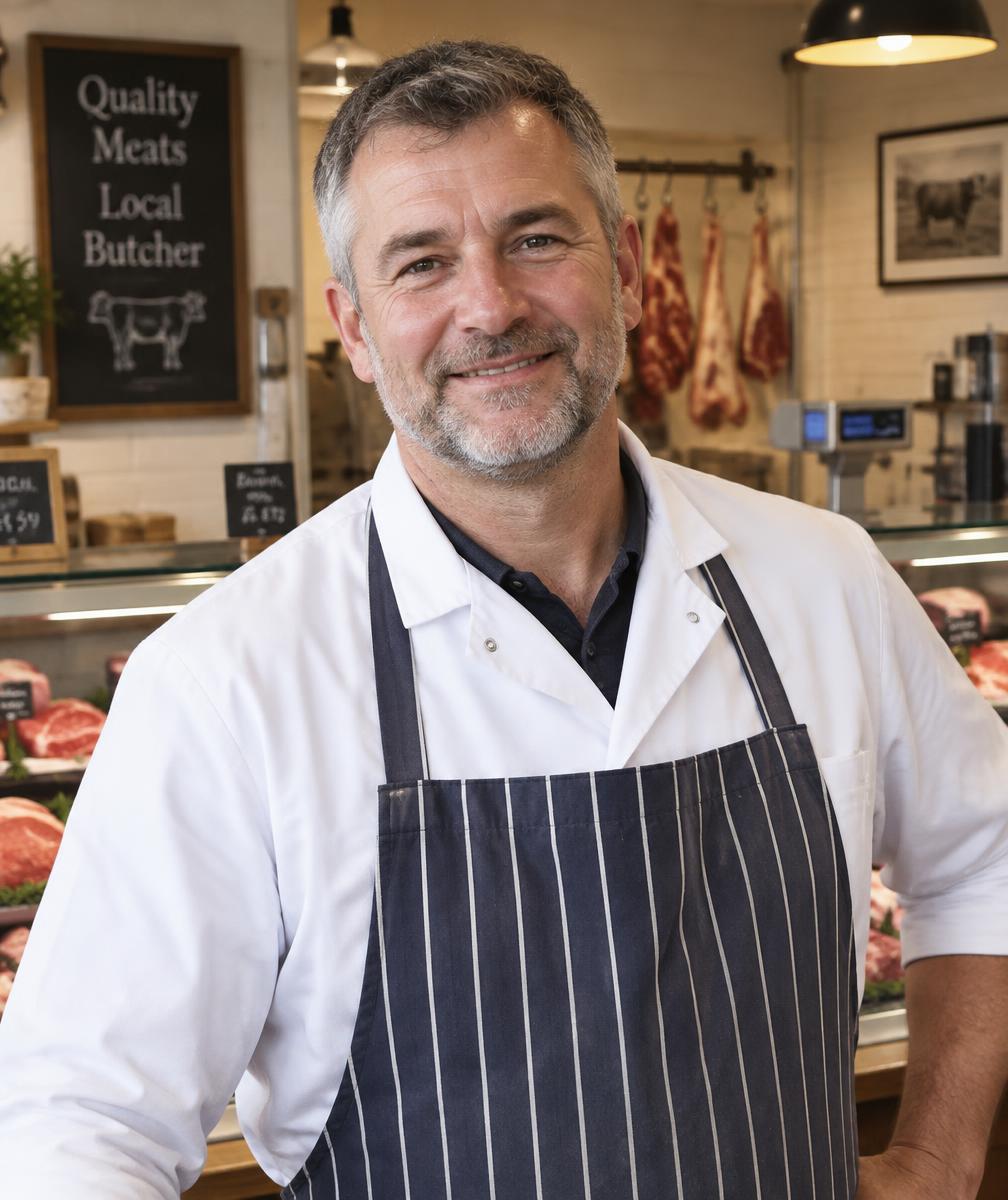 Portrait of our butcher at his block
