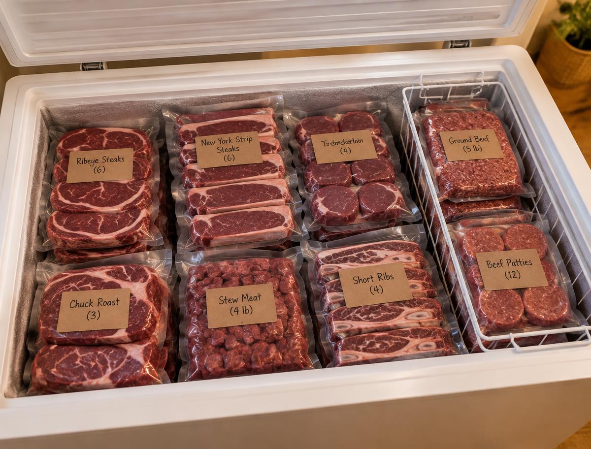 Freezer packed with labelled vacuum-sealed beef