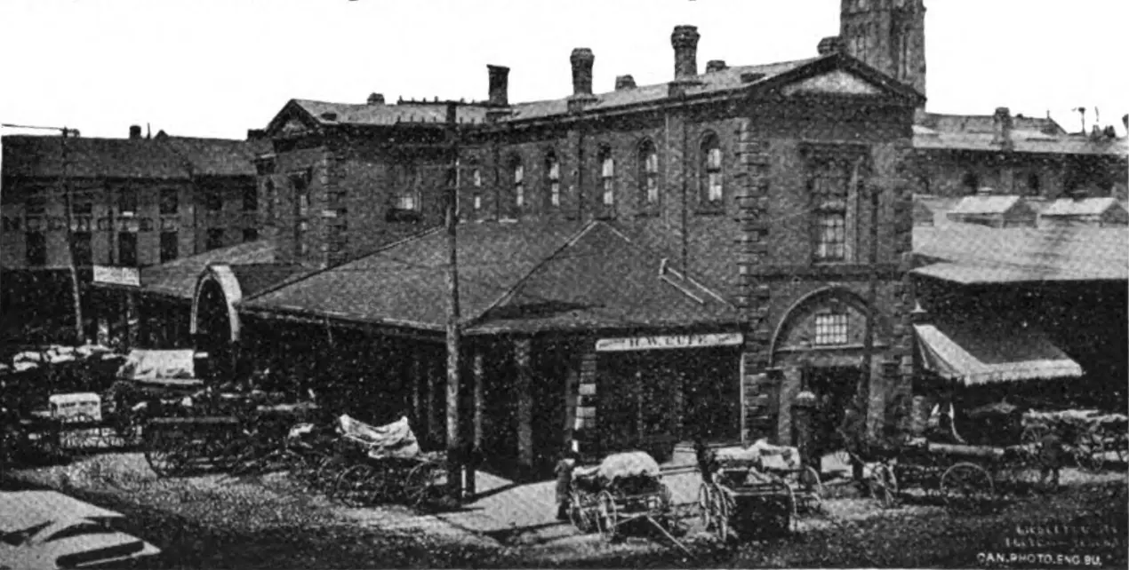 Engraving of St. Lawrence Market from the southeast, from Toronto: Old and New (1891)
